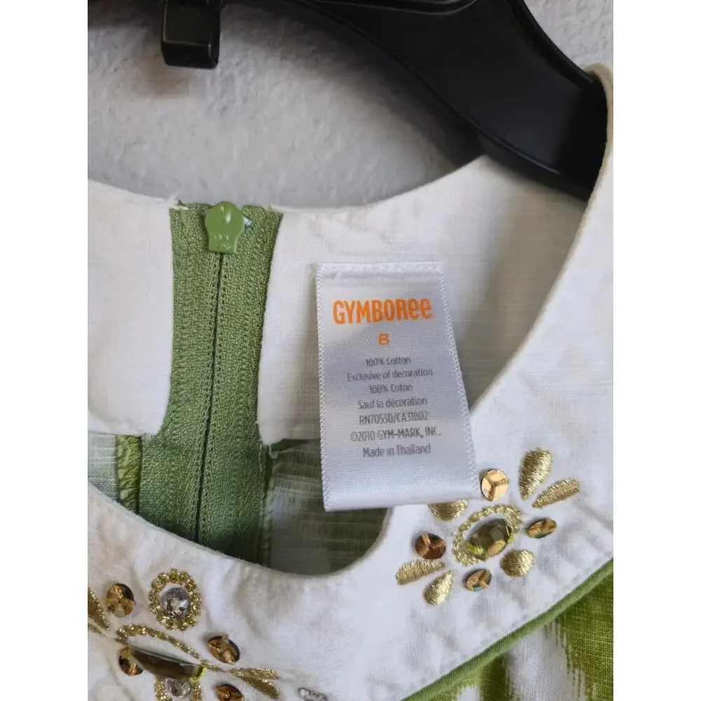 Gymboree Girls Green White‎ Ikat Bejeweled Collar Sleeveless Dress Size 8 2010=0